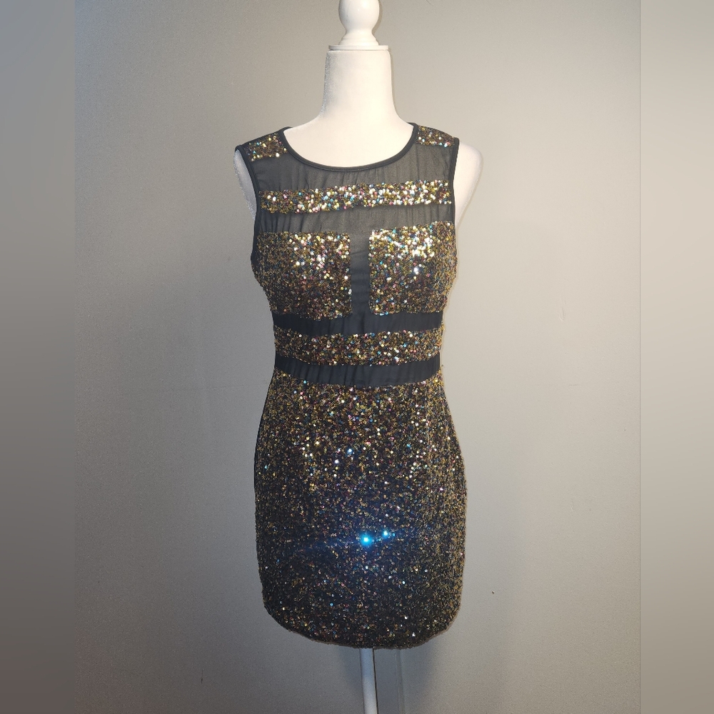 AKIRA Black With Gold Pink Blue Sequins Mini Cocktail Party Dress Large EUC